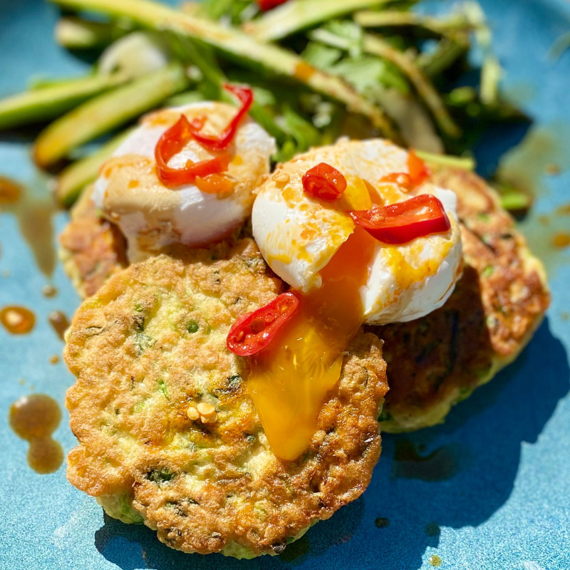 Silverbeet and sweet pea fritters, With poached eggs, asparagus and fennel salad