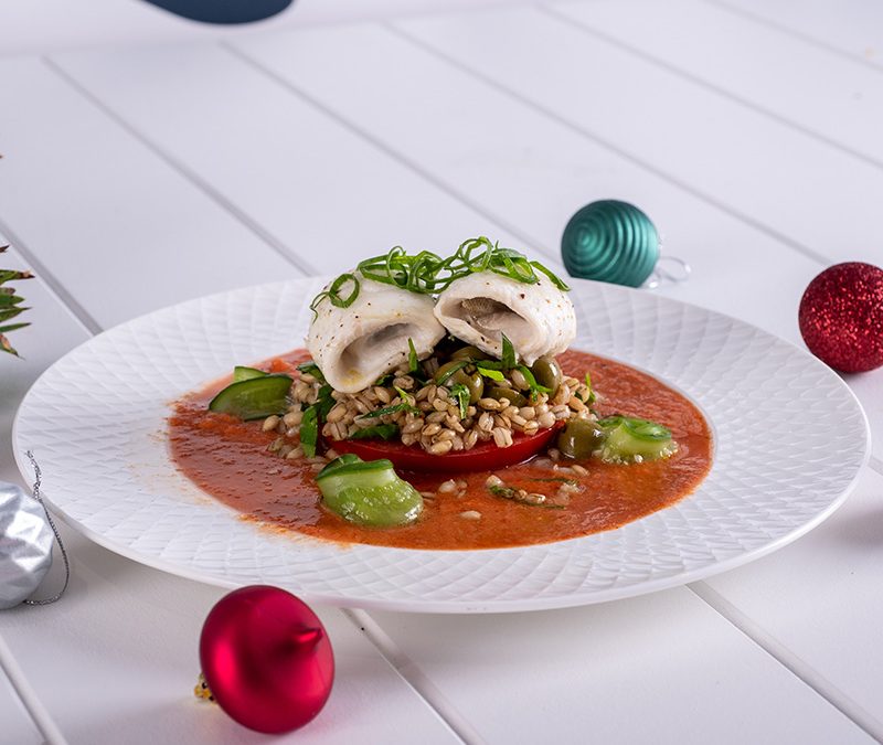 Roasted King George Whiting with spicy gazpacho and pearl barley salad