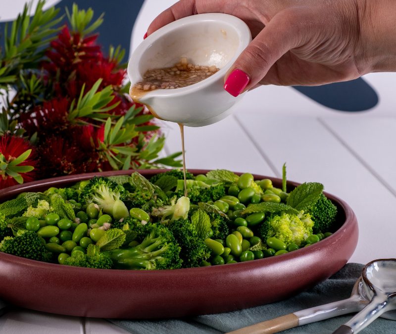 Broccoli edamame and green pea salad