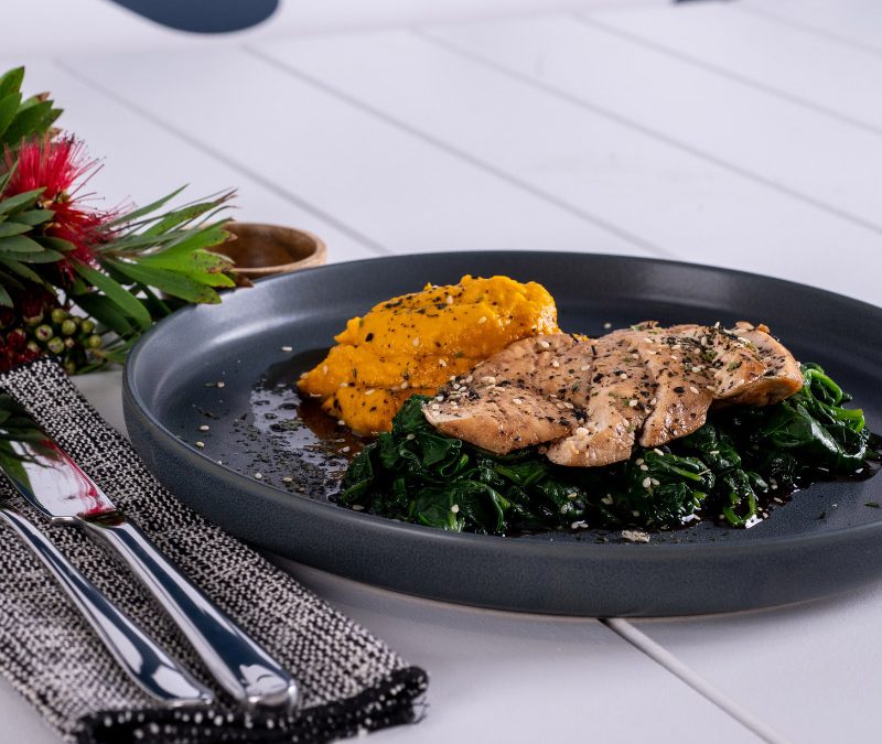 Grilled teriyaki chicken with sweet potato mash and wilted spinach